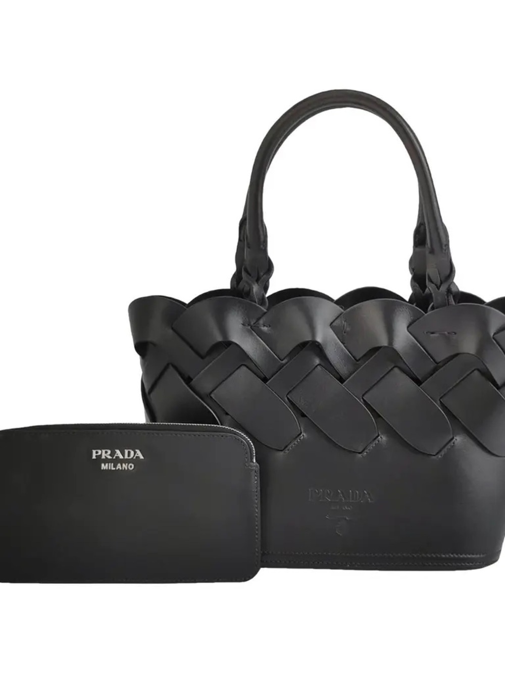 Prada Black Woven Leather Tote with Removable Pouch